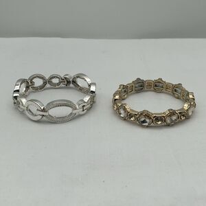 2 Fashion Bracelets Stretch Link Gold Tone w Crystal Stones And Silver Tone